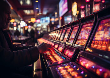 Slot Machine Thrills. Close-up of a person playing a slot machine in a casino
