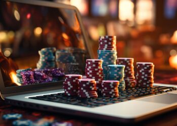 Someone playing online casino on their computer in a casino atmosphere with cards and chips on a green blue carpet