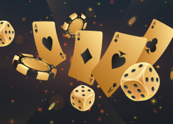 Falling golden poker chips, tokens, dices, playing cards on black background with gold lights, sparkles and bokeh. Vector illustration.