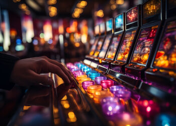 Slot Machine Thrills. Close-up of a person playing a slot machine in a casino