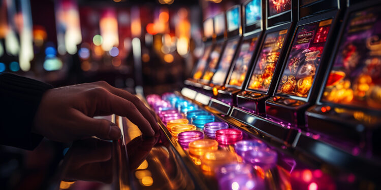 Slot Machine Thrills. Close-up of a person playing a slot machine in a casino