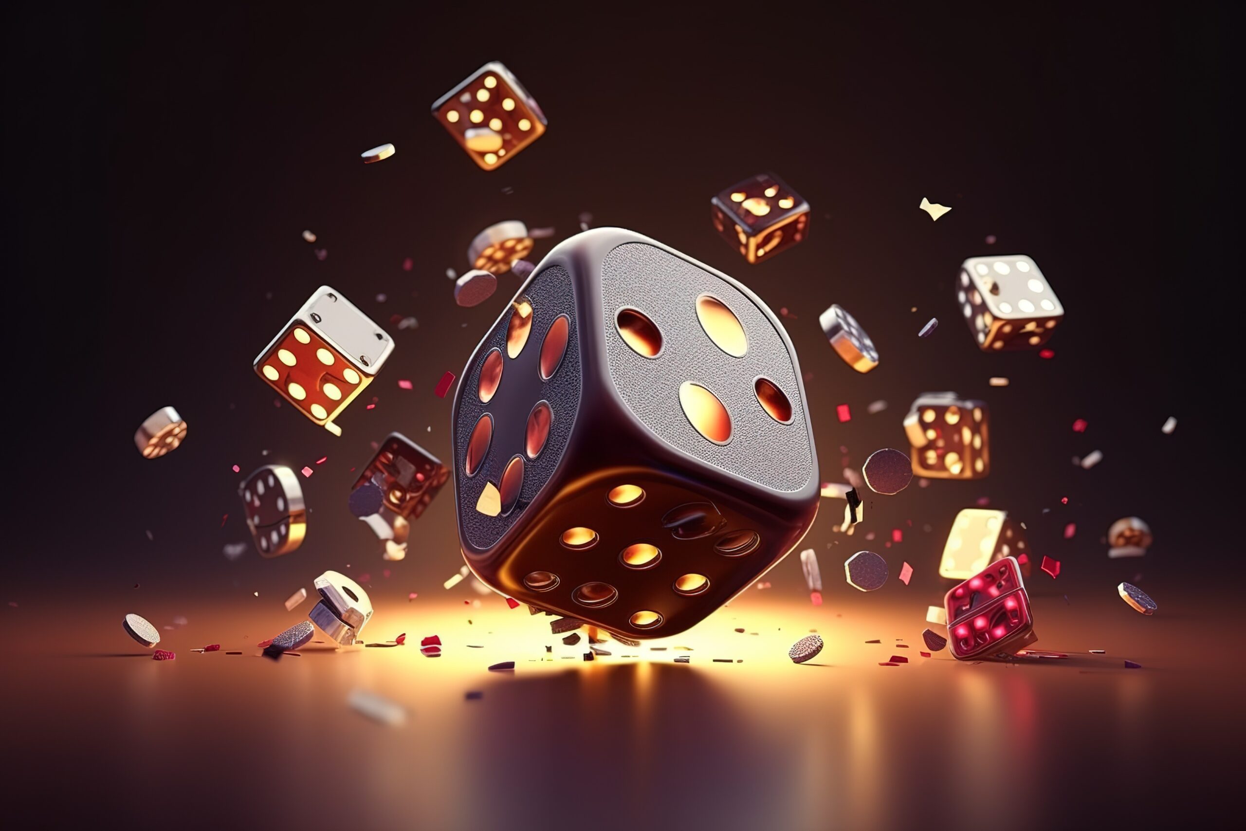 Realistic casino background. Flying chips, gold coins and dice. AI