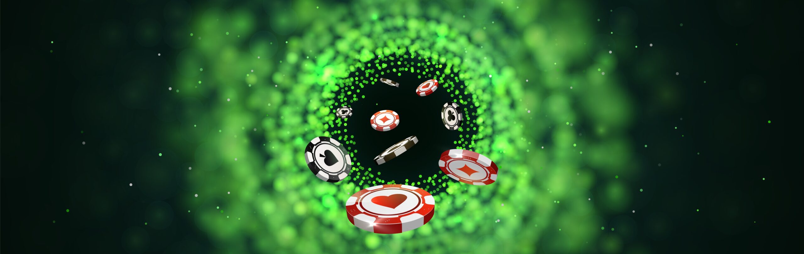 Vector red and black poker chips on green blurred lights background. Online casino social media web banner